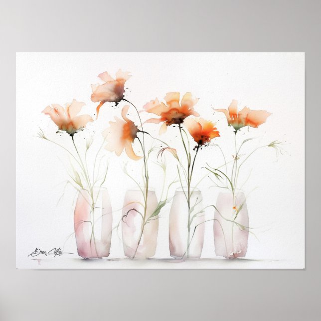 Poster Flores Laranja em Vases de Vidro (Frente)