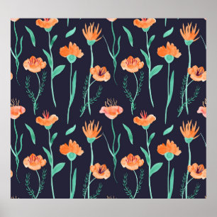 Poster Flores Laranja Fantasias: Padrão Escuro Aquarela.