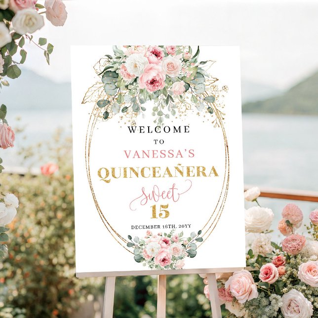 Poster Flores Macias Rosa Pálido Bem-vindo aos 15 Anos (Soft Pale Pink Flowers 15th Birthday Welcome Sign)