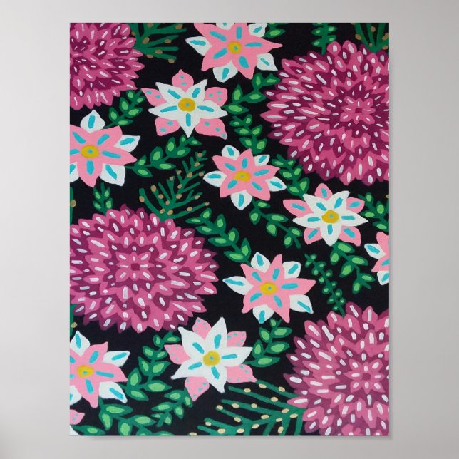 Poster Flores magenta em preto (Frente)