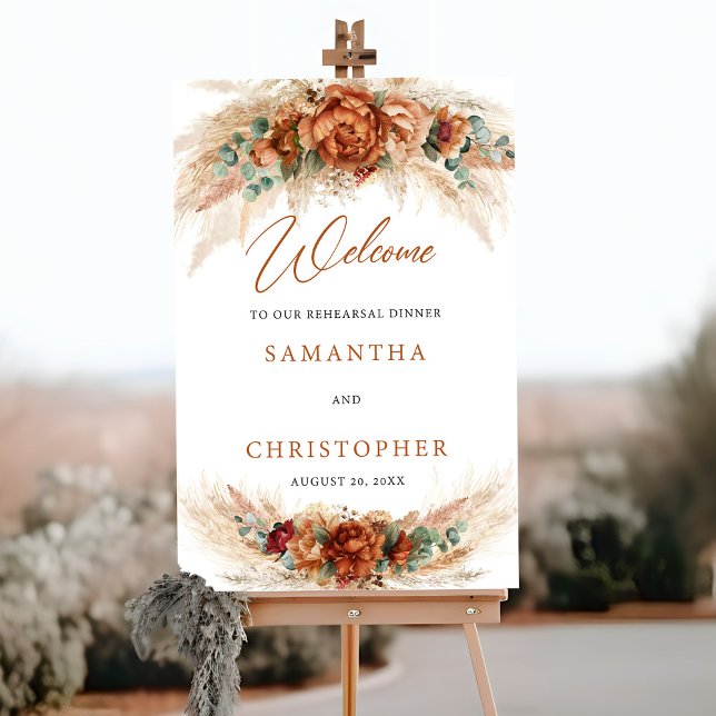 Poster Flores modernas de Terracotta Boho Ensaio de boas- (Trendy Terracotta and burgundy flowers greenery pampas rehearsal dinner welcome poster )