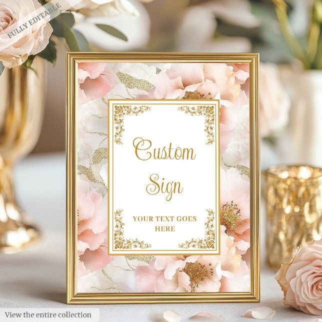 Poster Flores modernas embebidas com sotaque dourado sina (Modern blush flowers with gold accents custom sign)
