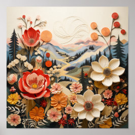 Poster Flores Negrito com Montanhas Cênicas Exteriores