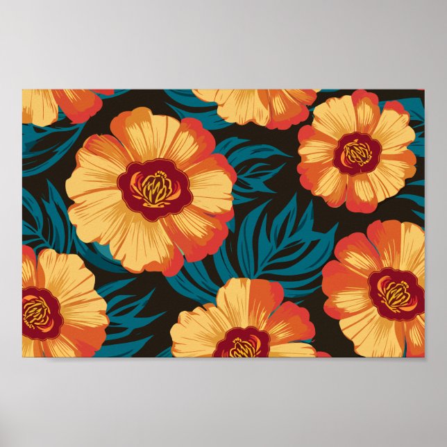 Poster Flores ouro-Amarelo e Vermelho com Folhas de Teal (Frente)