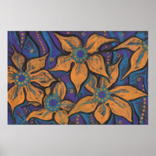 Poster Flores ouro, arte floral abstrato, laranja roxo