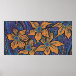 Póster flores ouros, pintura pastel decorativa, floral