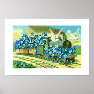 Poster Flores, pombas e trem