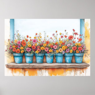 Poster Flores Potes Ilustração Coloração do Pastel Desenh