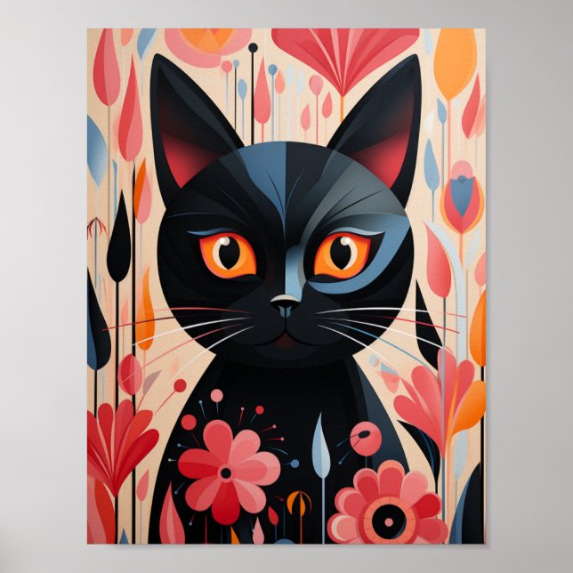 Poster Flores Pretas, Rosa, Gato (Frente)