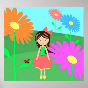 Poster Flores, Rapariga e Ladybug