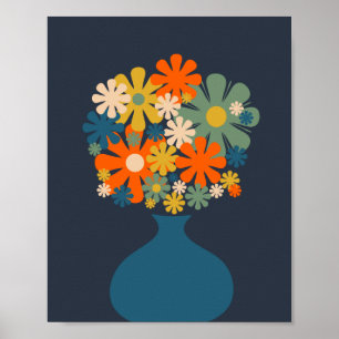 Poster Flores Retro Cheias num Vaso Azul