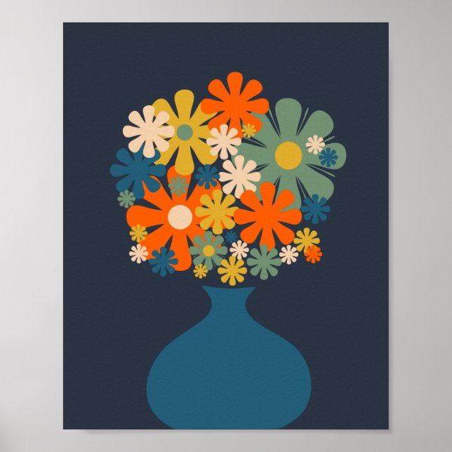 Poster Flores Retro Cheias num Vaso Azul (Frente)