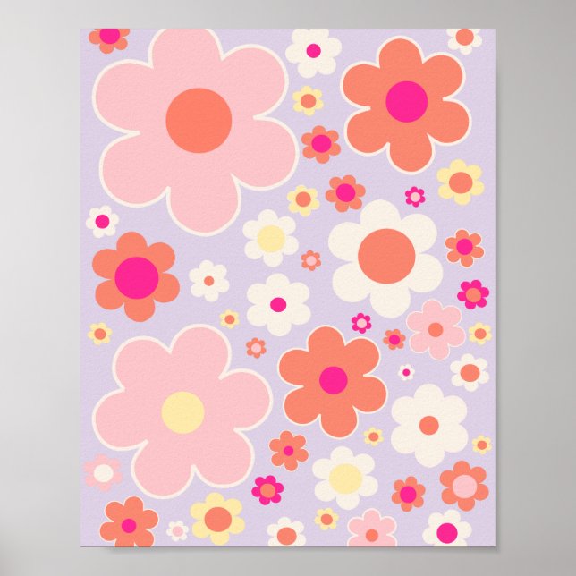 Poster Flores Retro Coloridas Laranja Branco Lilac Rosa (Frente)