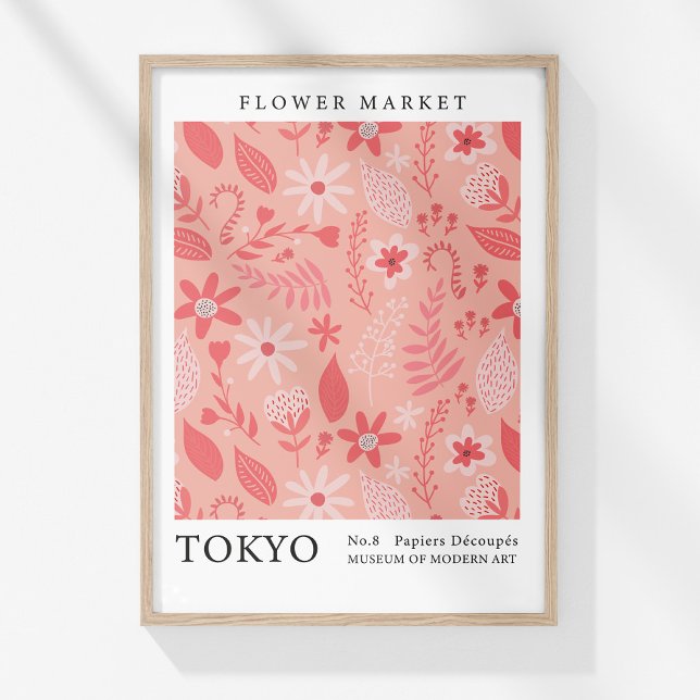Poster Flores Retro Flower Market Tokyo Pink Abstrato (Retro Flower Market Tokyo Pink Abstract Flowers Poster in a wooden frame on a sunny white wall.)