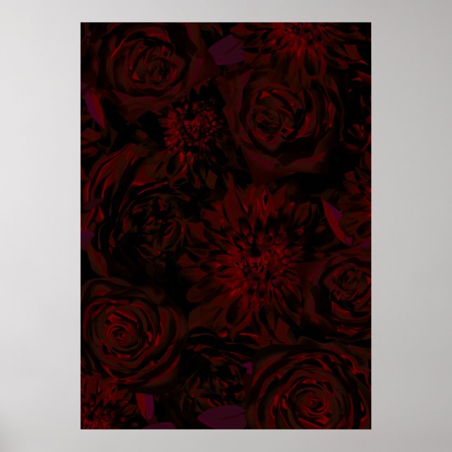 Poster Flores Românticas Vermelhas do Jardim Negro Glam G (Frente)