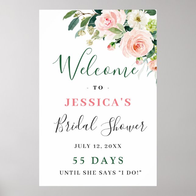 Poster Flores Rosa Bege Elegantes Chuveiro de Noiva Boho (Frente)
