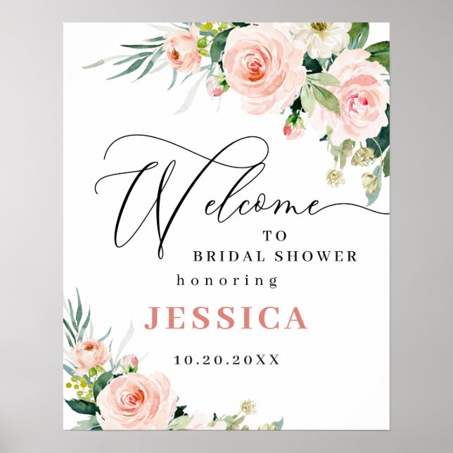 Poster Flores Rosa Bege Elegantes Chuveiro de Noiva Boho (Frente)