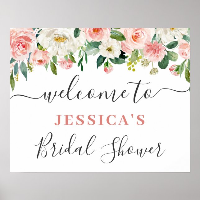Poster Flores Rosa Bege Elegantes Chuveiro de Noiva Boho (Frente)