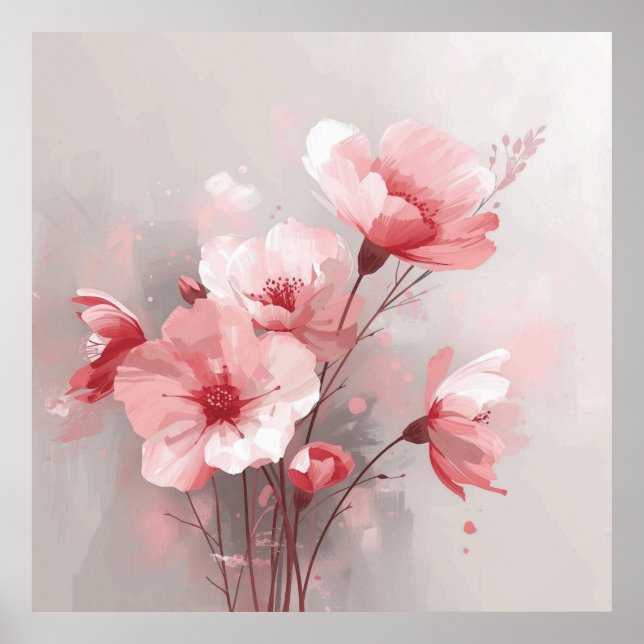 Poster Flores Rosa, Branca e Cinza (Frente)