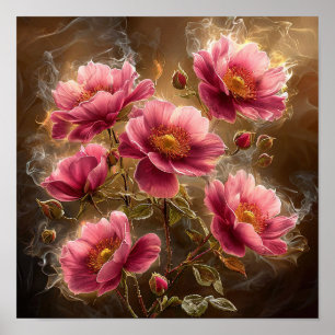 Poster 🌸 Flores Rosa Brilhante Com Fumaça Suave Etérea