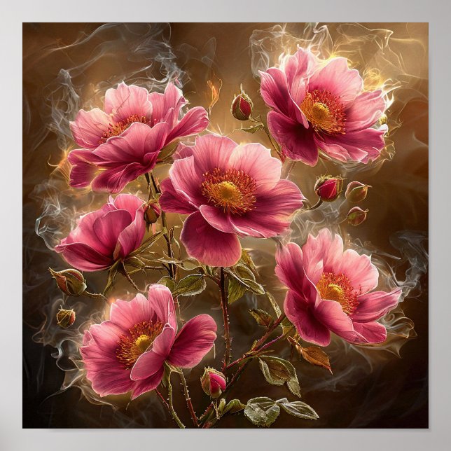 Poster 🌸 Flores Rosa Brilhante Com Fumaça Suave Etérea (Frente)