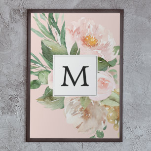 Poster Flores Rosa Cor-de-Água Moderna Monogramadas