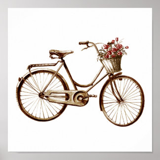 Póster Flores Rosa de Bicicleta Antiquada de Vintage