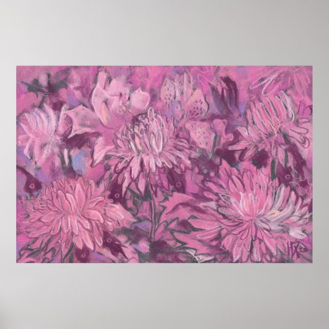 Poster Flores Rosa De Chrysanthemum Pintura Pastel Floral (Frente)