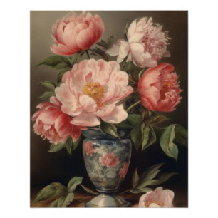 Póster Flores Rosa De Pedônia Vase Buquê Floral Vintage