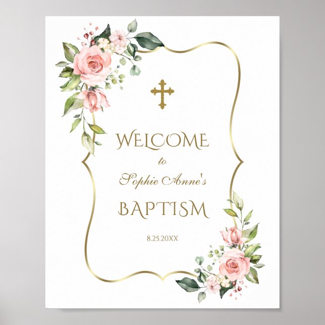 Poster Flores Rosa Dourada Frame Baptism Sinal de Boas-vi (Frente)