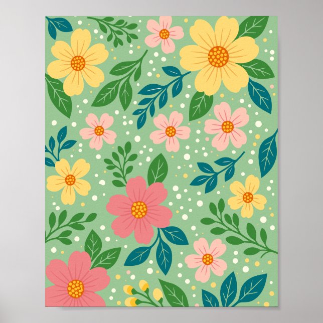 Poster Flores Rosa e Amarelo com Folhas Verdes e Azuis (Frente)