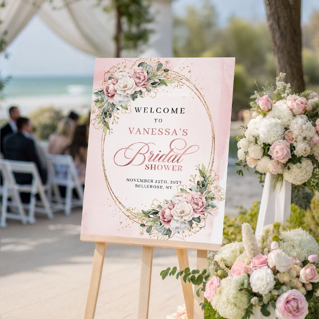 Poster Flores Rosa Moderno Casamento Recepção de Noiva (Modern Blush Pink Flowers Bridal Shower Welcome)