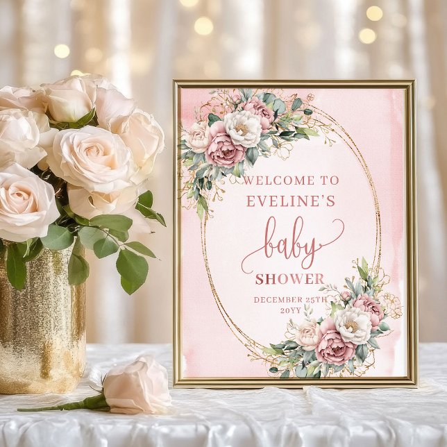 Poster Flores Rosa Poeira de Boas-Vindas Mínimas Brilho D (Minimal Welcome Dusty Pink Flowers Gold Glitter)