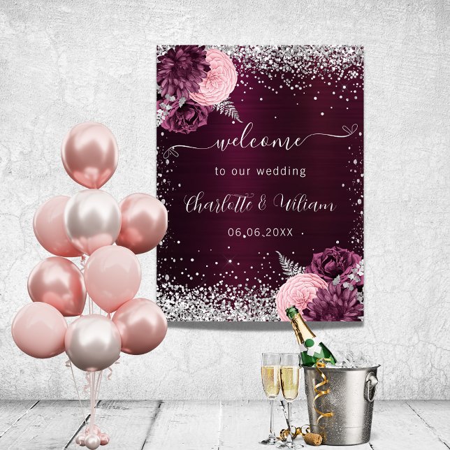 Poster Flores rosa prata Borgonha bem-vinda casamento (Criador carregado)