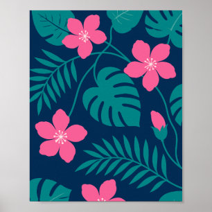 Poster Flores Rosa Tropical e Desenho de Folhagem Verde