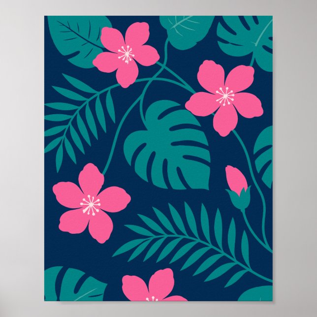 Poster Flores Rosa Tropical e Desenho de Folhagem Verde (Frente)