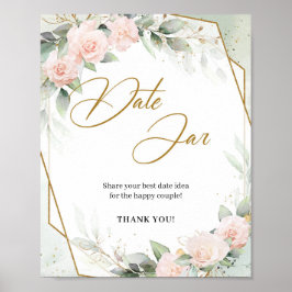 Poster Flores rosadas boho verde dourado Placa de data en