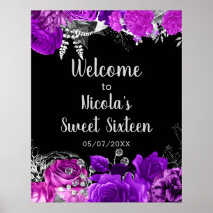 Poster Flores Roxas e Prateadas Elegantes para Sweet Sixt