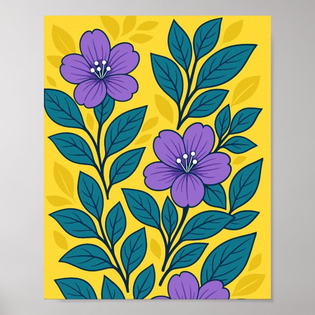 Poster Flores Roxas & Folhas Azul-turquesa em Fundo Amare (Frente)