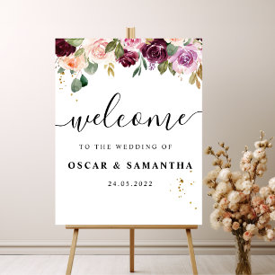 Poster Flores Rustic Burgundy Watercolor e Gotas Douradas
