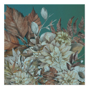 Póster Flores Rústicas Antigas Pintadas Sobre O Teal
