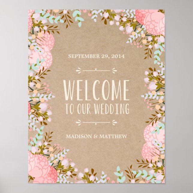 Póster Flores Rústicas | Placa de Recepção de Casamento (Frente)