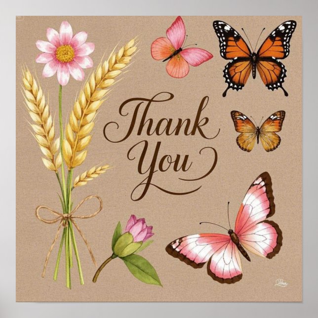 Poster Flores selvagens boêmicas, borboletas, pedúnculos  (Frente)