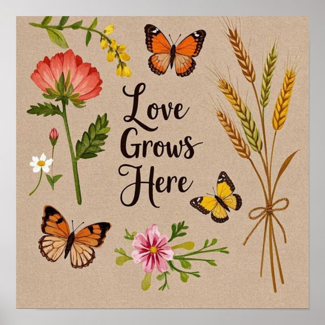 Poster Flores selvagens boêmicas, borboletas, pedúnculos  (Frente)