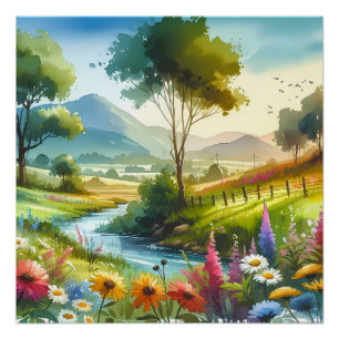Póster Flores selvagens e riachos no Vale de Primavera