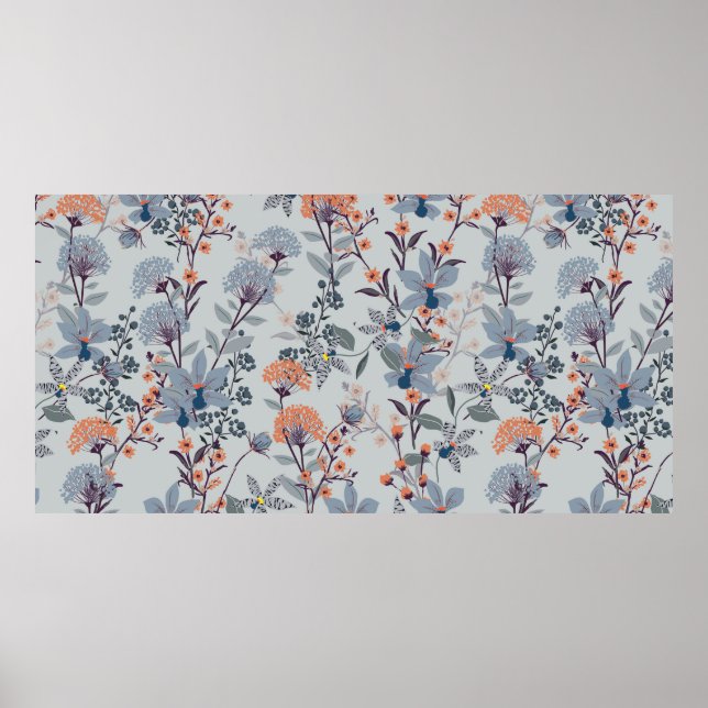 Poster Flores selvagens sem padrão, isoladas em coco azul (Frente)