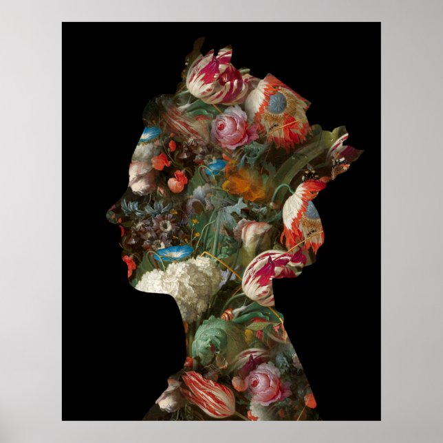 Poster Flores Silhueta Rainha Elizabeth II Grande (Frente)
