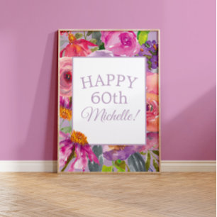 Poster Flores Silvestres Aguarela Roxo Rosa Feliz 60º