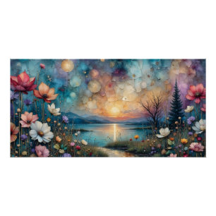 Póster flores silvestres coloridas na paisagem da margem