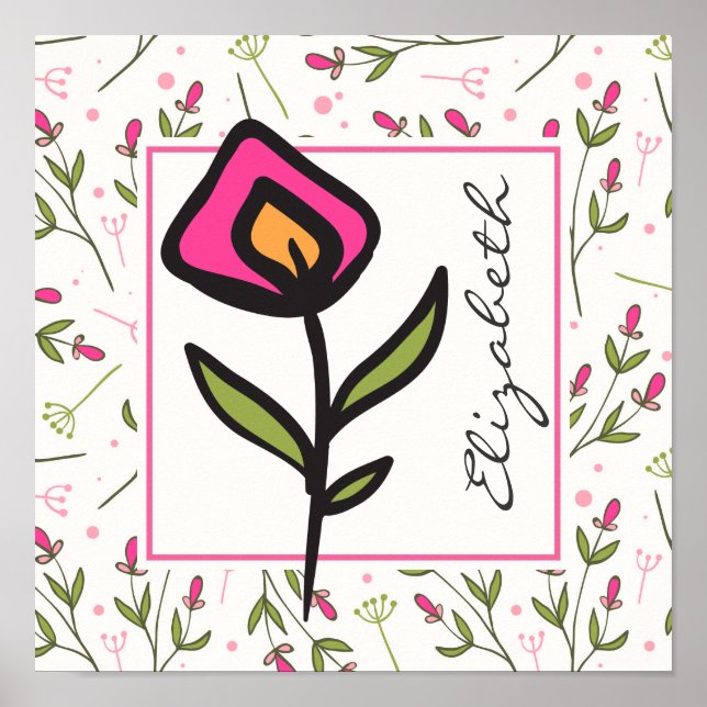 Poster Flores Silvestres de Haste Longa Rosa e Verde Pers (Frente)